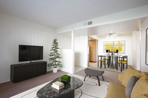 a living room and dining room with a table and a television